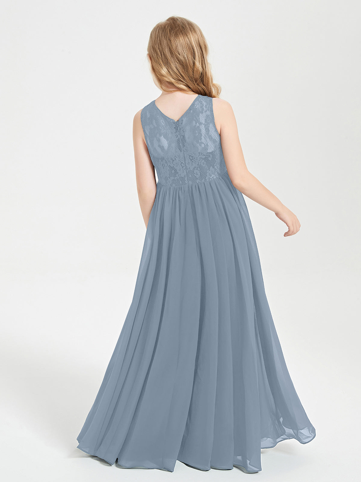 Long Junior Bridesmaid Dresses Lace Top Dusty Blue
